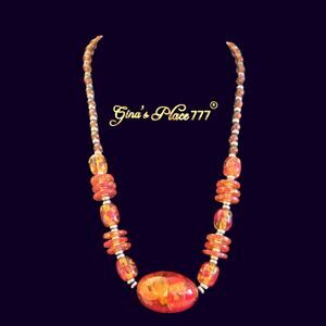 Orange Amber And Brown Acrylic 11" Glass Bead Necklace Sliver Tone Hardware
